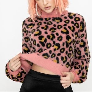 For Love and Lemons Pink Leopard Cropped Sweater SZ M